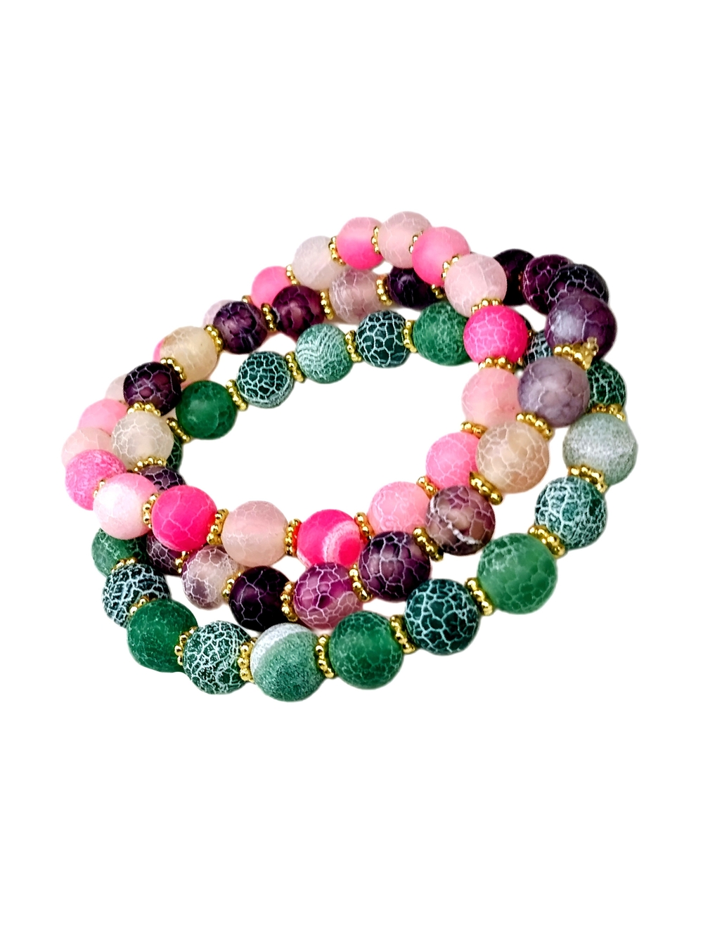 Stackable Set Of Three Frosted Crackle Agate Beaded Stretch Bracelets Boho Gift